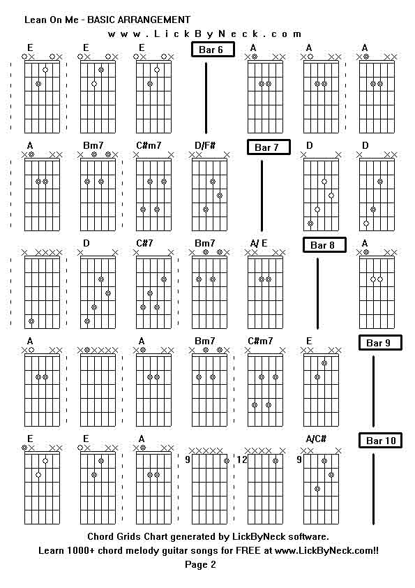 Chord Grids Chart of chord melody fingerstyle guitar song-Lean On Me - BASIC ARRANGEMENT,generated by LickByNeck software.